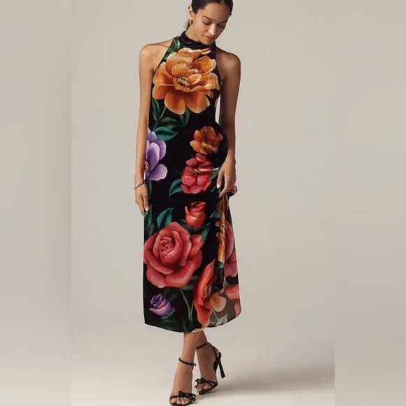 NWT Size XS - Farm Rio Mock-Neck Floral light Velvet Midi Dress (NWT US$ 298) - Picture 3 of 16